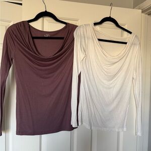 LOFT Draped Neck Long Sleeve Tops - Dark Rose (XS) and Cream (S)